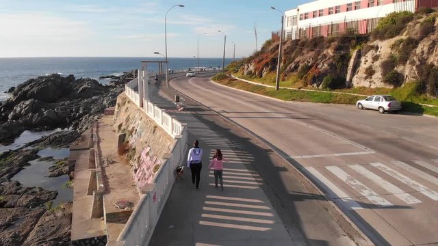 Drone shot of a Woman and a Girl Walking a Dog on the back, walking on the street next to the beach, rocks and the sea.
Valparaiso, Chile.
4K h264 30fps
