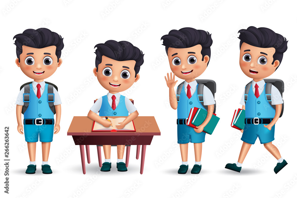 Poster student boy vector character set. school kid character wearing uniform and backpack with various pos