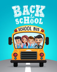 Back to school vector design. School bus with school kids students in uniform happy riding and back to school text in blue background. Vector illustration.