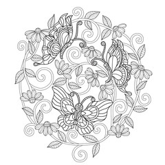 Hand drawn sketch illustration of butterfly for adult coloring book.