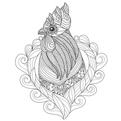 Hand drawn sketch illustration of chicken for adult coloring book.