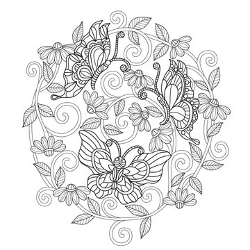 Hand drawn sketch illustration of butterfly for adult coloring book.