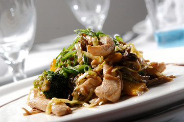 Teppanyaki chicken meat and various vegetables with soy sauce. In Japan many restaurants offer meat from the city of Kobe.