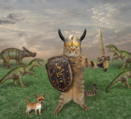 The cat warrior with a sword and a shield fights the dinosaurs in the field. His dog is next to him.