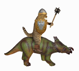 The cat warrior with a spiked mace and a shield is riding a dinosaur . White background. Isolated.