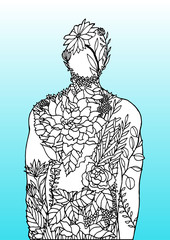 Fototapeta na wymiar Human body flower blue background spirit power energy vector abstract art illustration design hand drawn