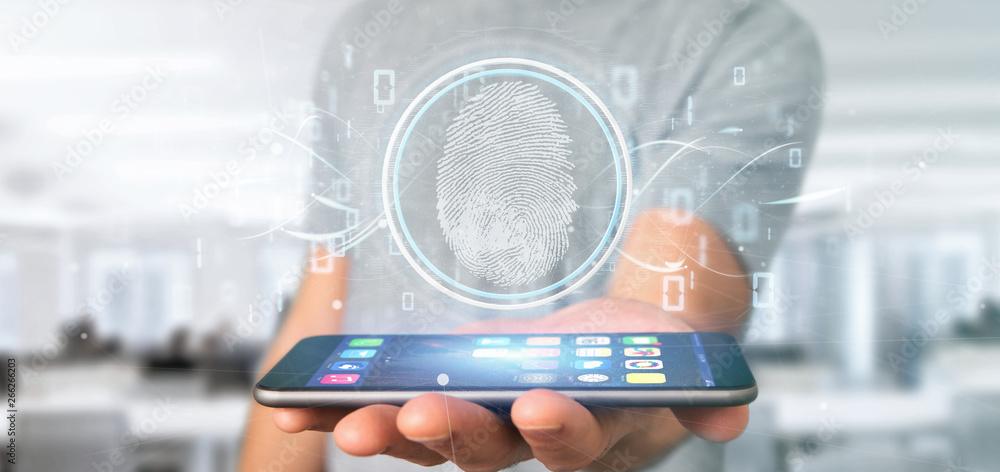 Poster businessman holding a digital fingerprint identification and binary code 3d rendering
