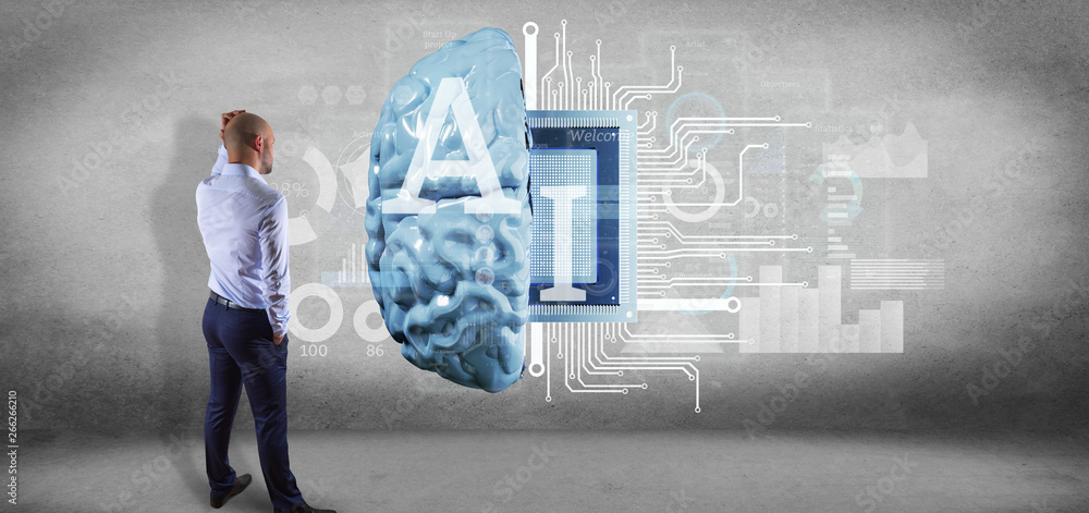 Poster businessman in front of a wall with artificial intelligence icon with half brain and half circuit 3d
