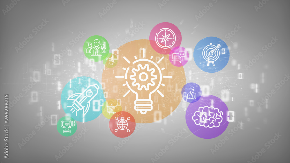 Poster view of a cloud of colorfull start up icon bubble with data binary 3d rendering