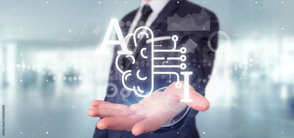 Aufkleber business man holding artificial intelligence icon with half brain and half circuit 3d rendering