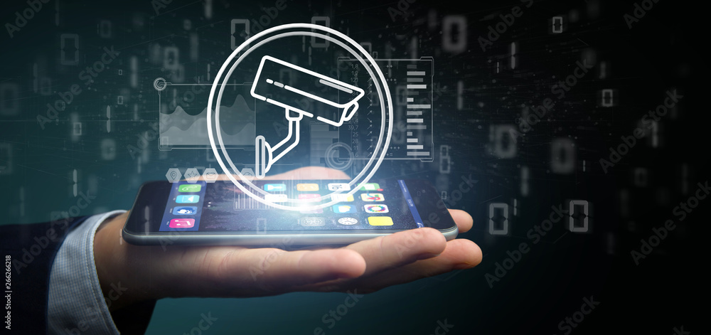 Poster businessman holding security camera system icon and statistics data - 3d rendering