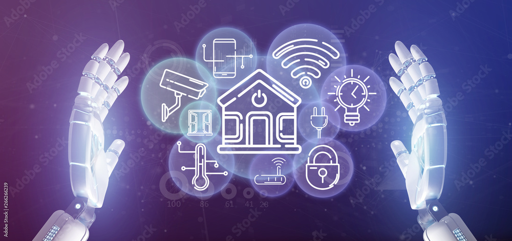 Poster cyborg holding smart home interface with icon, stats and data 3d rendering