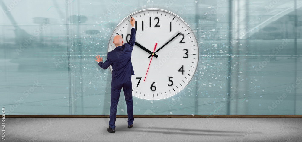 Poster man holding a clock timer 3d rendering