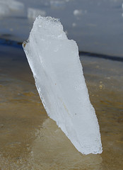 Ice floe at frozen lake surface with reflection.