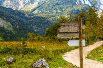 Fototapeta na wymiar Signpost pointer in mountains Koenigssee, Konigsee, Berchtesgade