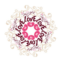doodle curls. cute hearts. Vector Romantic design with hand drawing lettering Love u. mandala background. Wallpaper, flyers, invitation, posters, banners. greeting card, template, wreath, circle frame