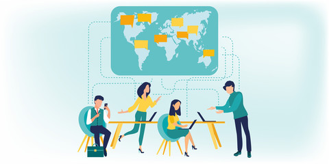 Online communication, social networking, news, messages, search friends. Global chatting to through devices. Concept technology vector. Meeting, Working, Teamwork. World map. Dialogue speech bubbles.