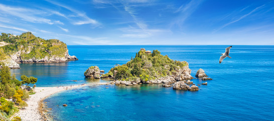 Panoramic view of Isola Bella small island near Taormina, Sicily, Italy - obrazy, fototapety, plakaty