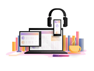 Online education concept, vector illustration. Study, learning online with laptop, tablet, smartphone and headphones from home. Cozy online learing and education with cup of tea and learning books