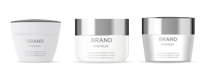 Round white set, plastic jar with metal lid for cosmetics - body cream,  butter, bath salt, gel, skin care, powder. Realistic packaging mockup template.  Side view. 