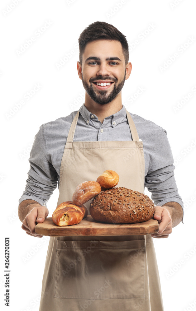 Wall mural Baker with fresh bread on white background