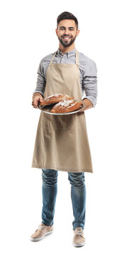 Baker With Fresh Bread On White Background