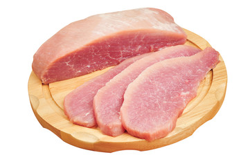 Raw pork meat sliced on a board, on an isolated white background