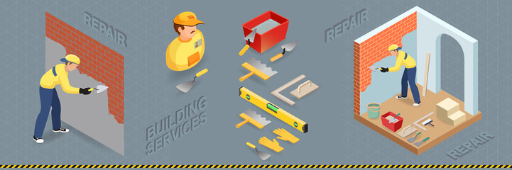 Builder is plastering the brick wall. Isometric Vector  illustration.