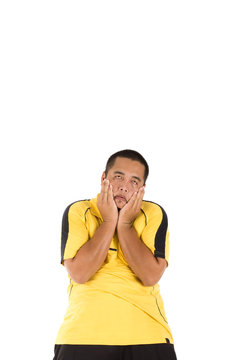 Funny picture of plump asian man on white background. Man wearing sportswear.