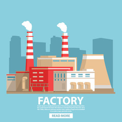 Obraz premium Industrial factory building.City landscape nuclear power plant.Flat vector.Industry concept manufactory chimney pipe.