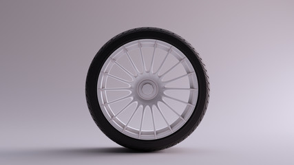 White Alloy Rim Wheel 18 Thin Spokes Open Wheel Design with Racing Tyre 3d illustration 3d render