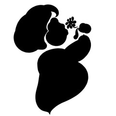 pregnant woman inhales the scent of a flower, black silhouette