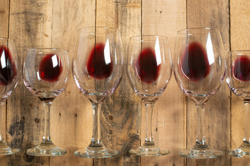 Flat lay background with glasses with red wine, Concept of wine degustation, winery, winery, wine...
