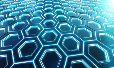 Glowing black and blue hexagons background pattern on silver metal surface 3D rendering