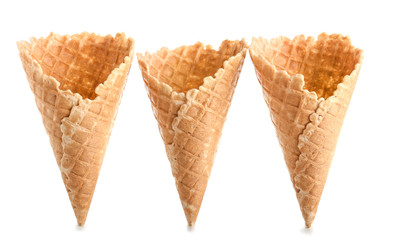 Crunchy wafer cones on white background