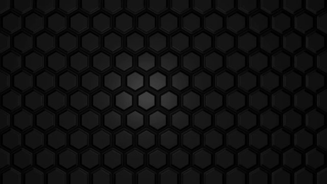 Abstract Hexagon Geometric Surface Loop. Clean minimal hexagonal grid pattern, random lighting motion background canvas in 3d black wall. Seamless loop 4K UHD FullHD.