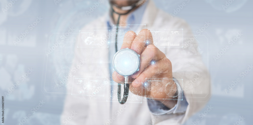 Fototapete scientist using digital technological interface with datas 3d rendering