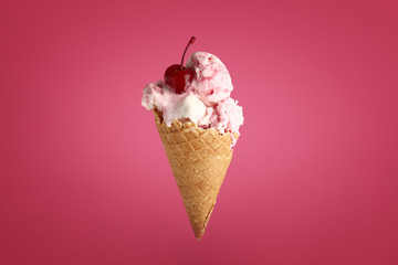 Tasty ice cream on color background