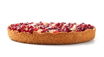 Tasty cranberry pie on white background