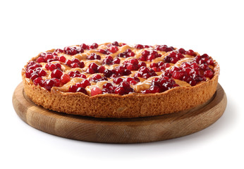 Tasty cranberry pie on white background