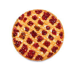Tasty cranberry pie on white background