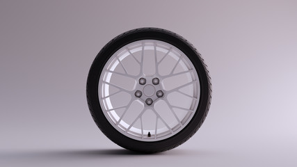 White Alloy Rim Wheel with a Complex Multi Spokes Open Wheel Design with Racing Tyre 3d illustration 3d render