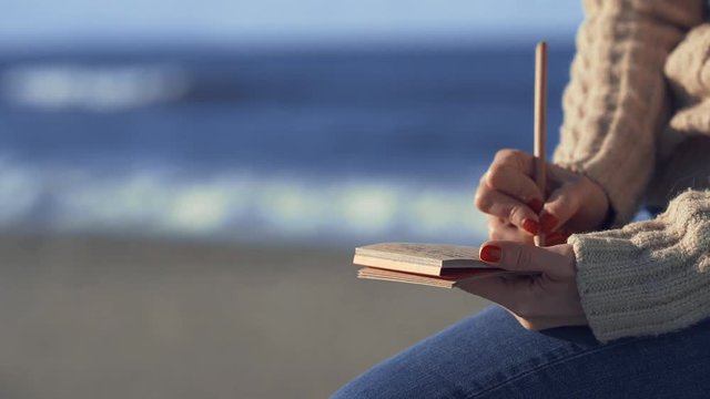 Young girl with notepad on the beach