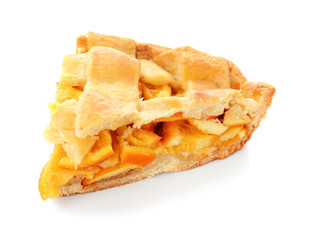 Piece of tasty orange pie on white background