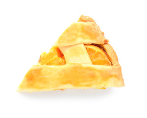 Piece of tasty orange pie on white background