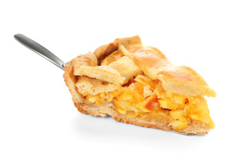Piece of tasty orange pie on white background