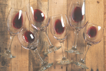 Flat lay background with glasses with red wine, Concept of wine degustation, winery, winery, wine...