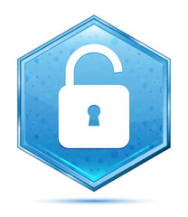 Padlock open icon crystal blue hexagon button