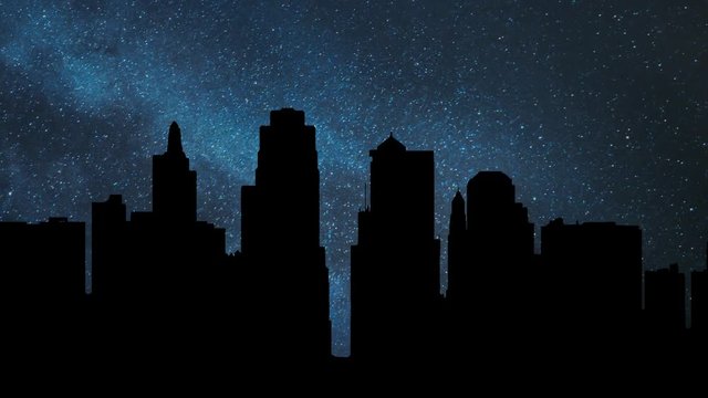Kansas City skyline by Nigh with Stars, Milky Way and Skyscrapers in Silhouette, Missouri, United State