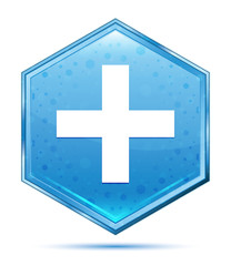 Plus icon crystal blue hexagon button